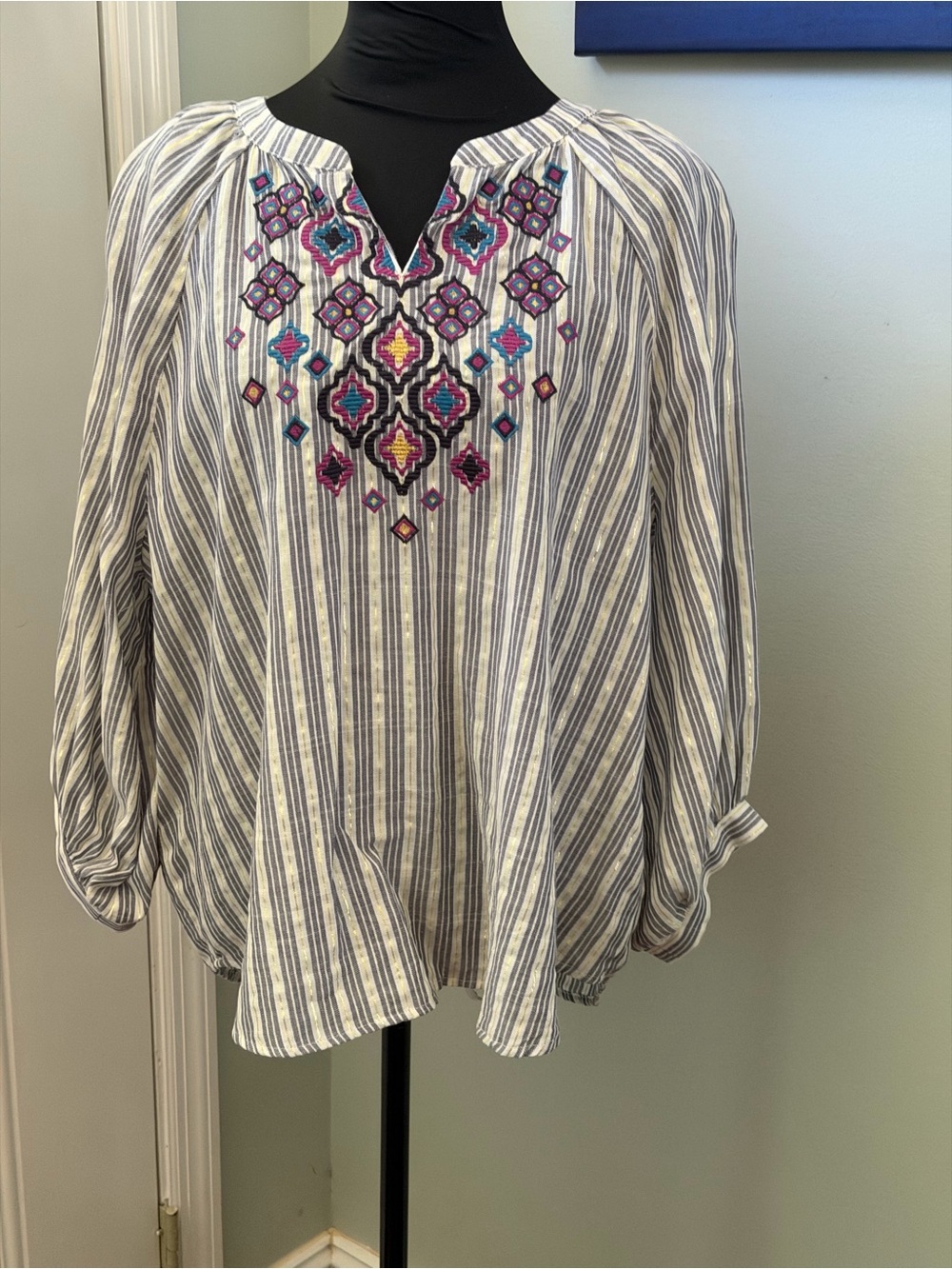 Ruby Rd. Blue and White Striped Tunic with Multicolor Embroidery